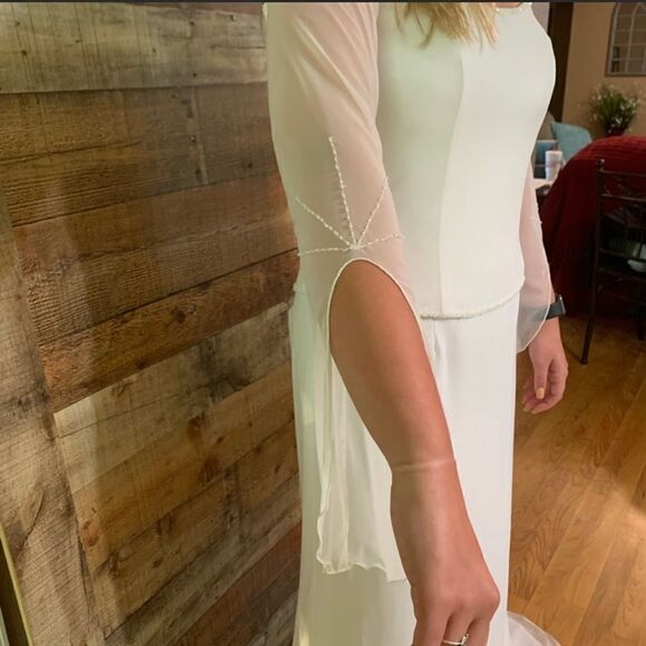 Kathryn LaCroix white nee wedding dress gown beading sheer long sleeves, size 10 - Picture 4 of 13